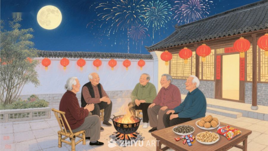 月下庭院，老友围炉夜话 1256