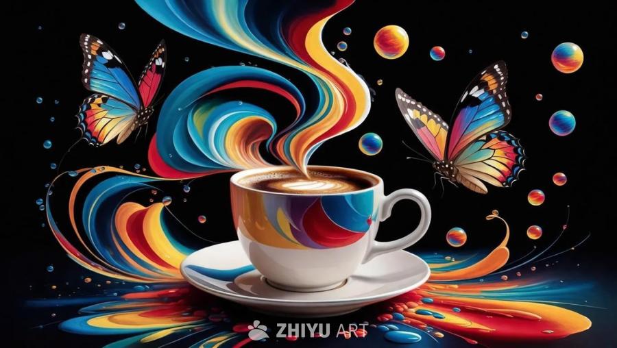 一杯咖啡是画面的焦点，咖啡从一个异想天开的彩色茶壶