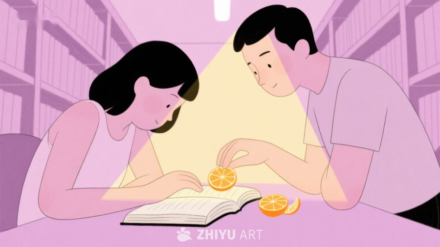 图书馆中阅读与分享橙子的两人 356