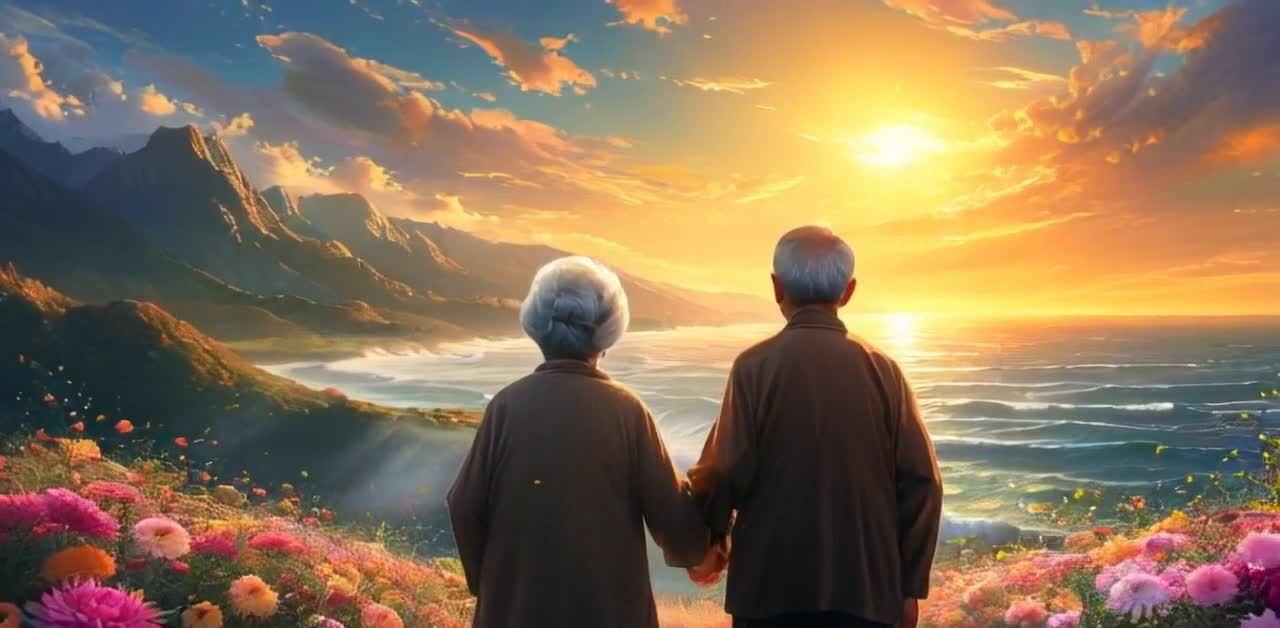一对老年夫妇手牵手站在开满鲜花的坡地上。他们背对观