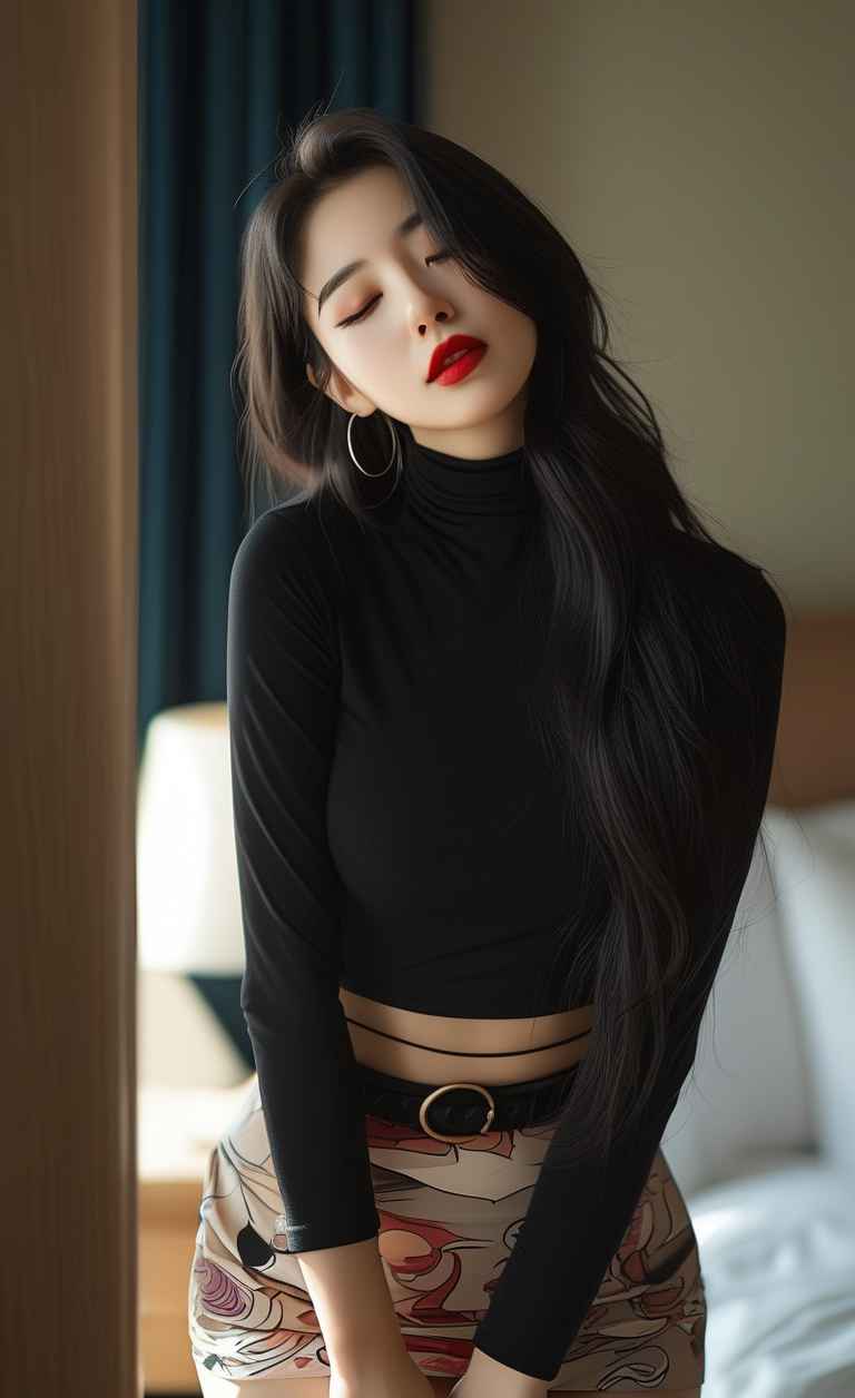 黑色衣服紧身穿搭美女长头发，成熟女性 19