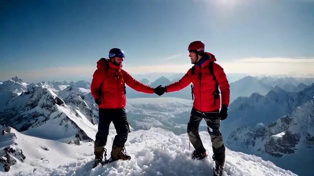 两名登山者站在被雪覆盖的山顶上握手。他们似乎正在庆
