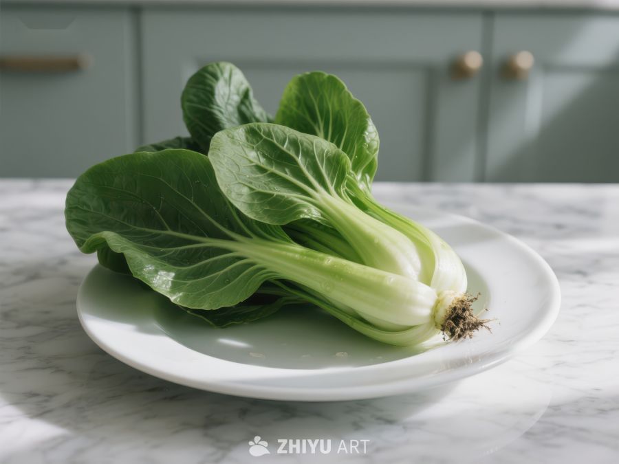 新鲜小白菜置于白色盘中 346