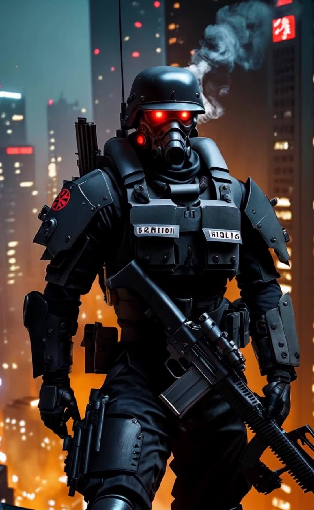 一名身着黑色制服的士兵持枪站在城市背景前。他戴着头
