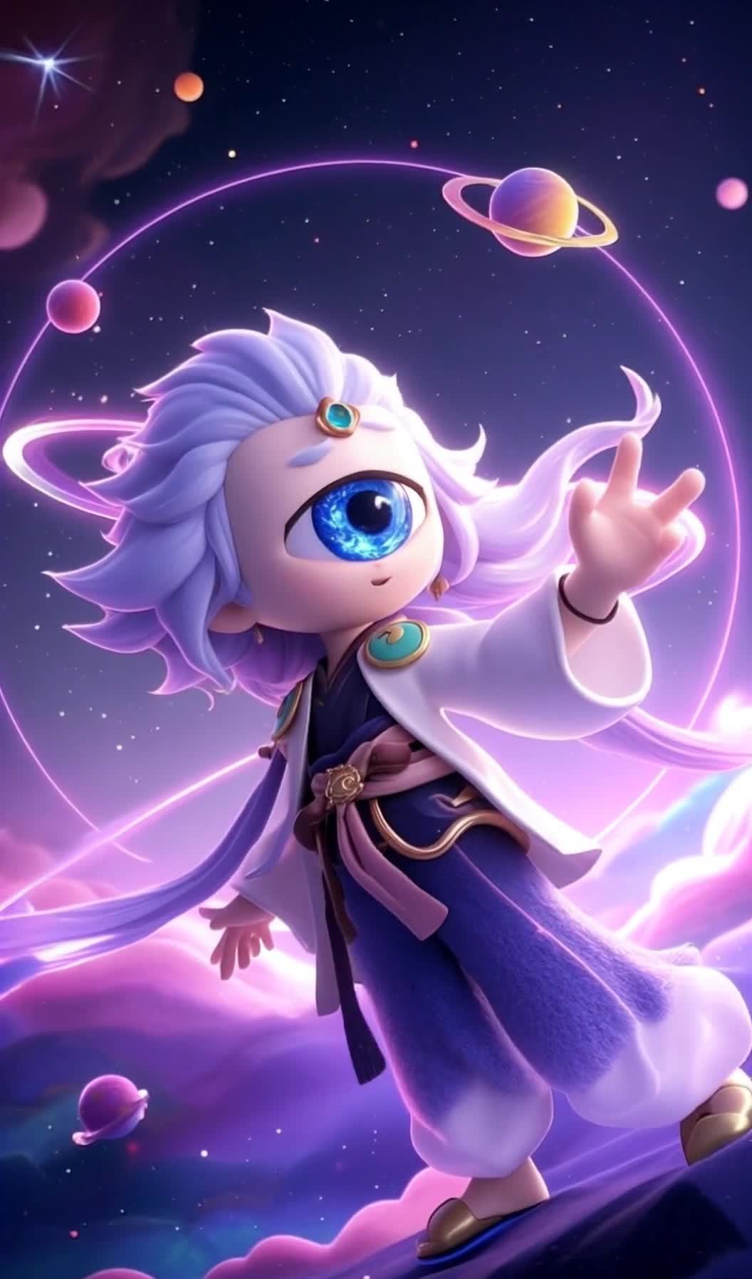 宇宙卡通人物挥手，环绕行星和紫色光环