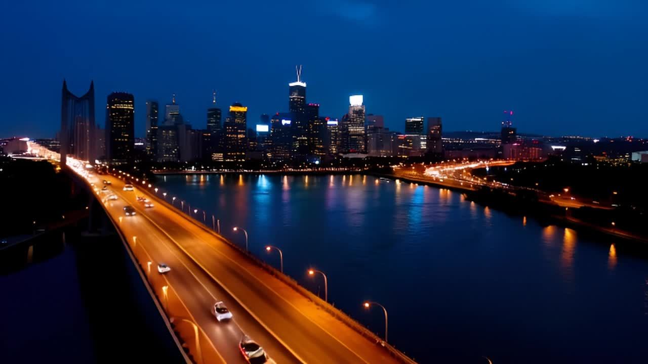 灯光闪烁的城市天际线，一座桥横跨河流，车辆在桥上来