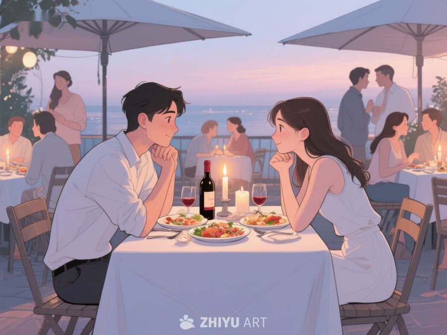 情侣在海边餐厅共进晚餐 576