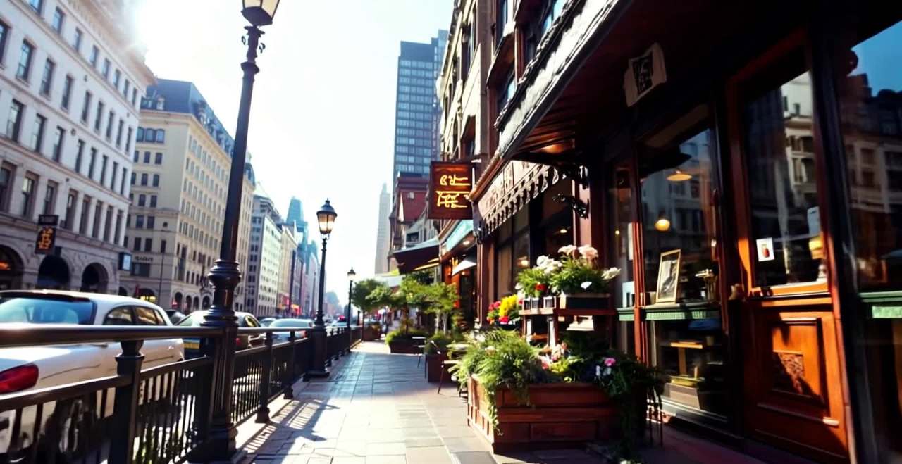 阳光明媚的城市街道，街道两旁有高大的建筑物。人行道