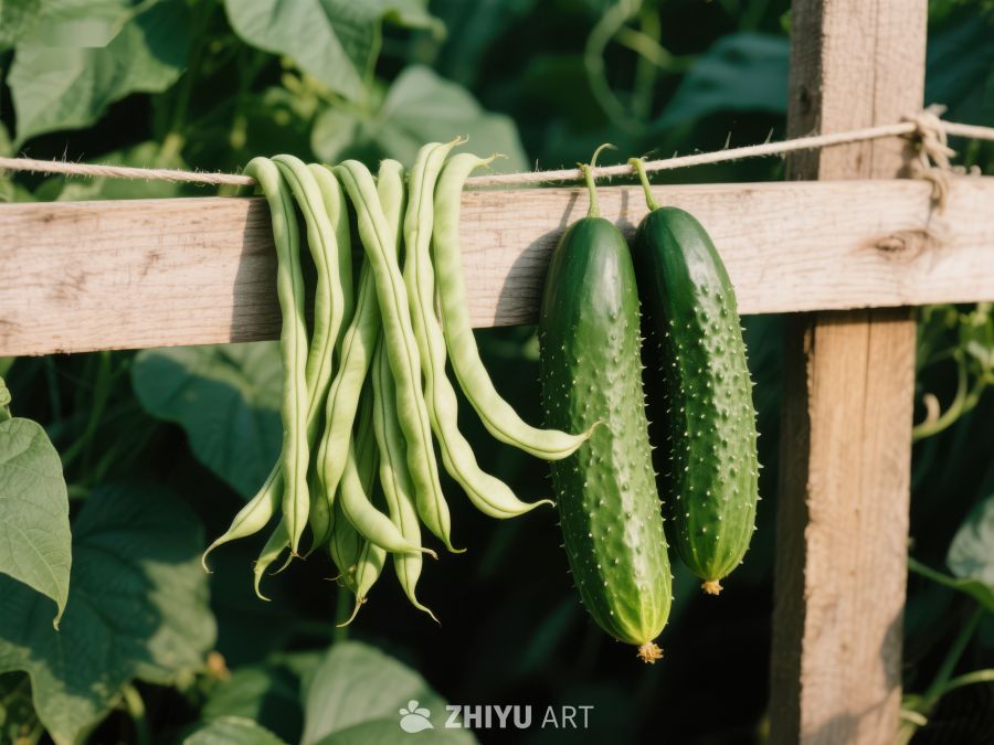 豆角与黄瓜悬挂于木架之上 48