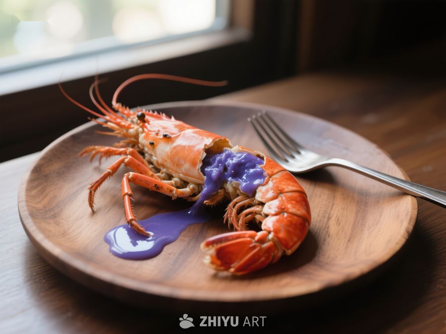 木盘上的龙虾配紫色酱汁