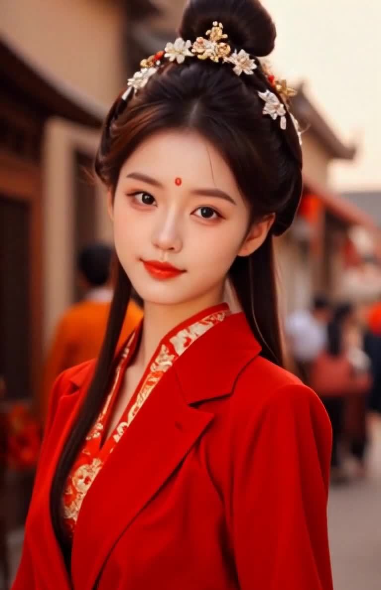 一位身穿红色外套的年轻女子，乌黑的长发盘起，并用花