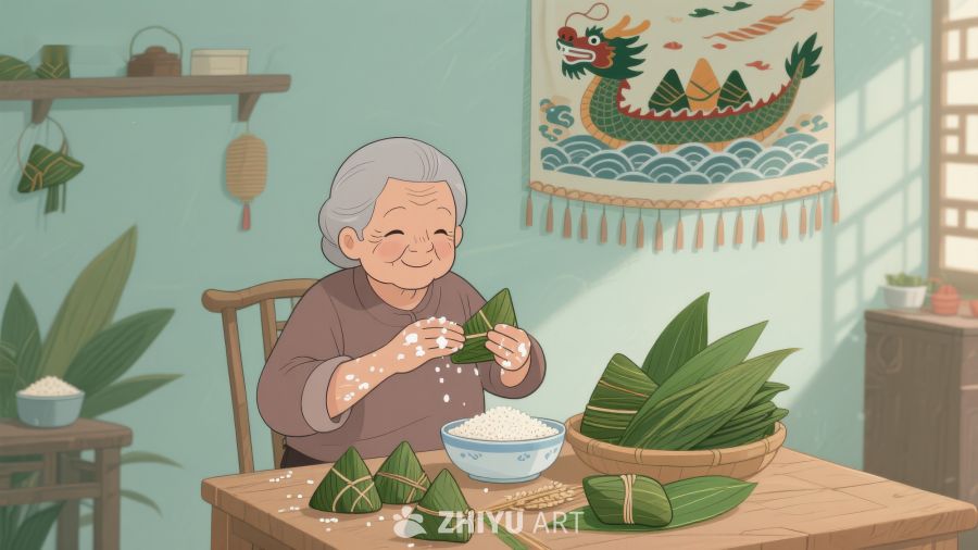 老人包粽子，端午节温馨场景 222