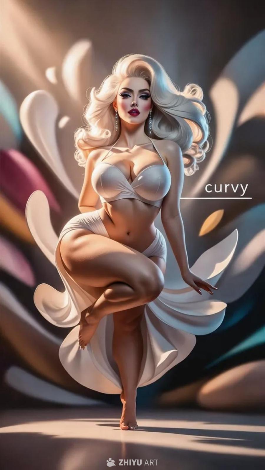 一位身材丰腴的白人女性，留着一头铂金色波浪长发，佩