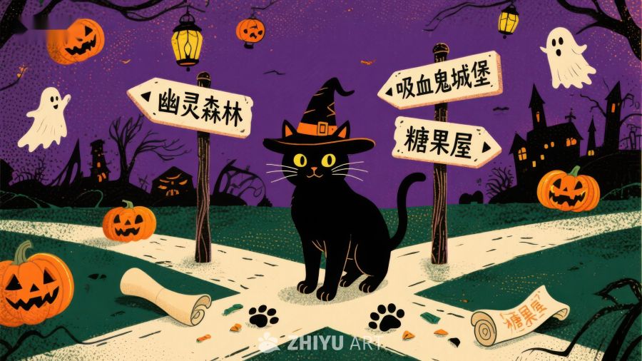 万圣节黑猫与指示牌