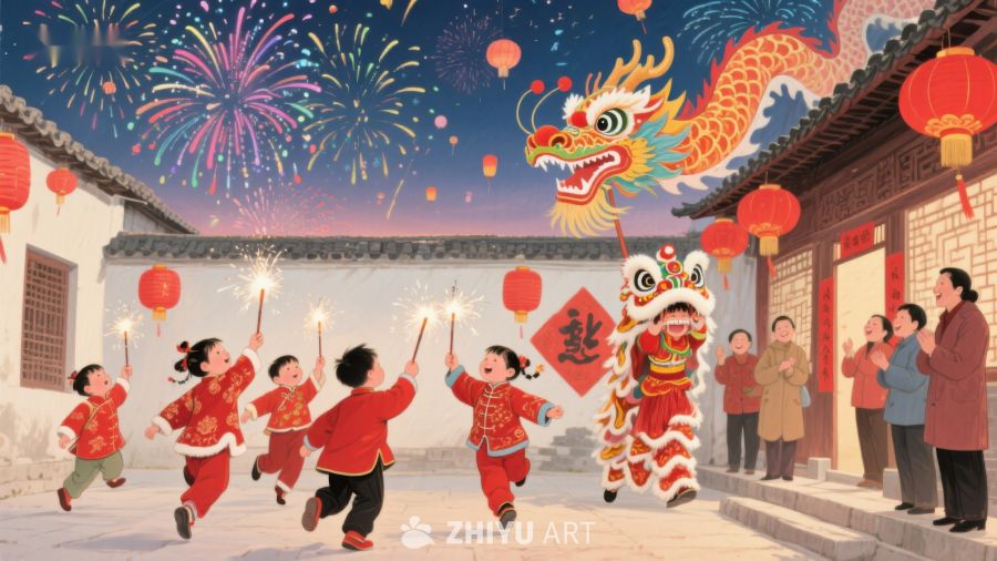 春节庆典：舞龙与烟花下的欢庆 9