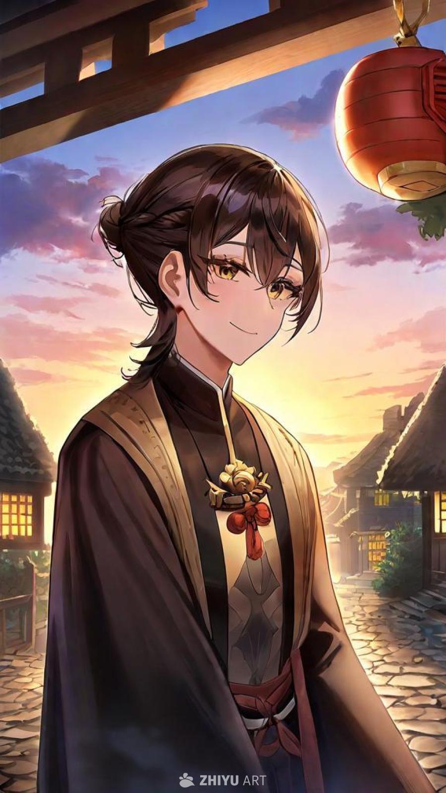 傍晚时分，夕阳映照着一个小村庄。村庄周围环绕着茂密