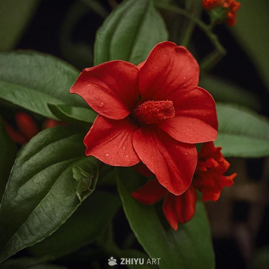 一朵红色的花朵特写，前景中有一片绿色的叶子。花朵是