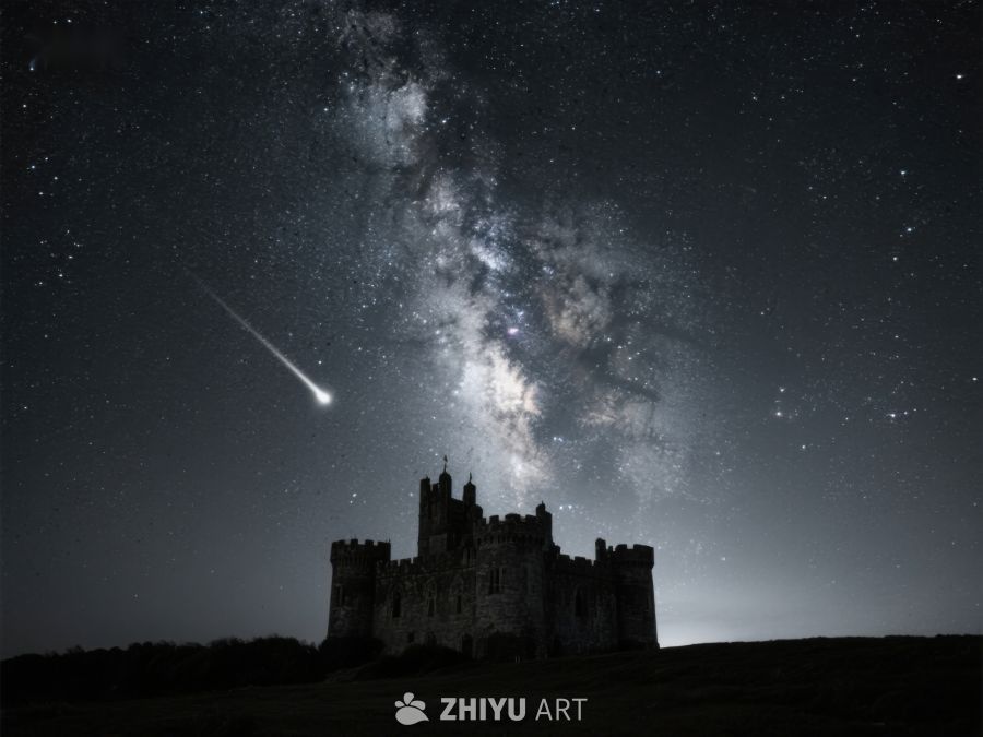 夜空银河下的古老城堡 419