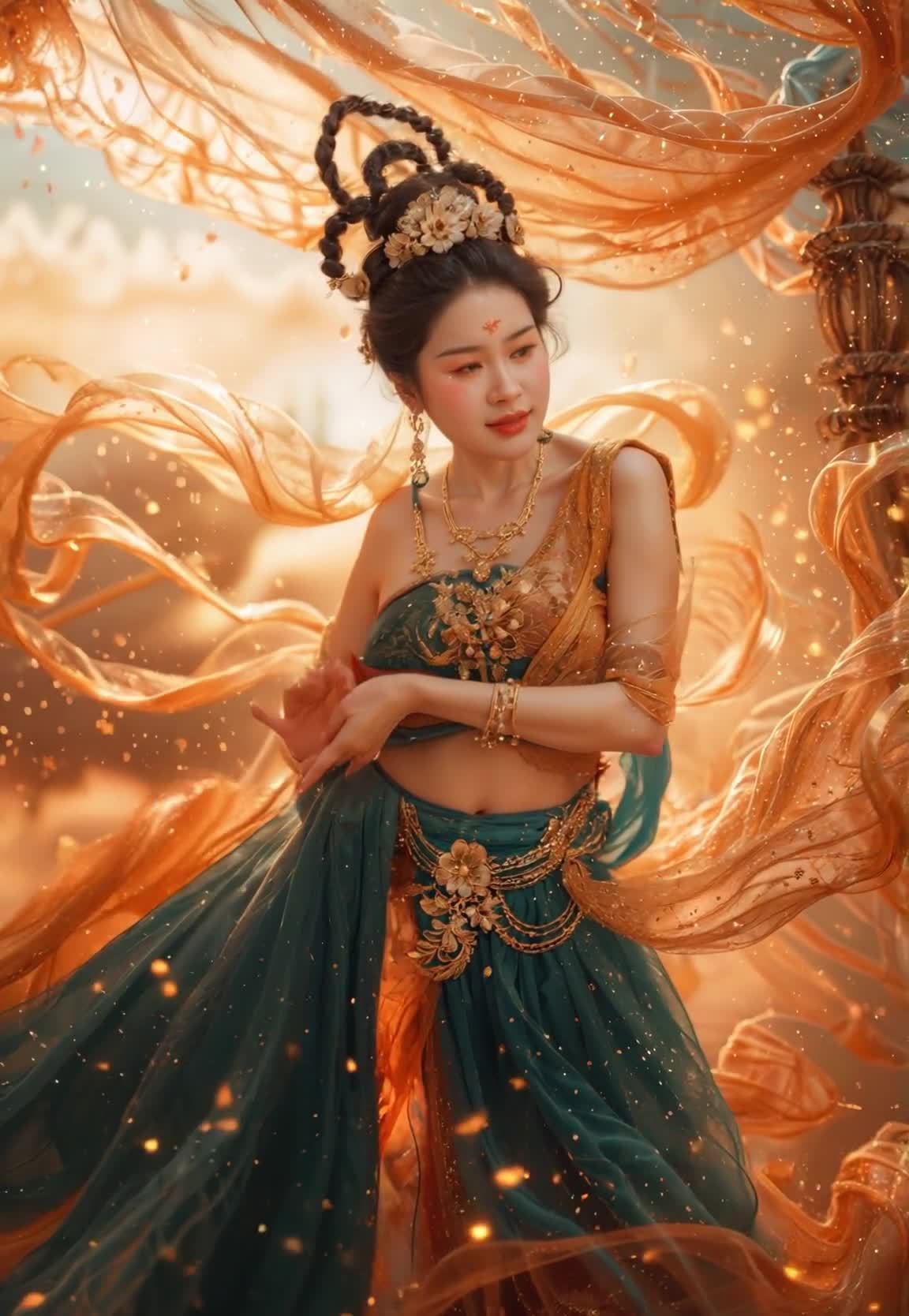 梦幻金纱飘动，着绿金服饰的东方美人