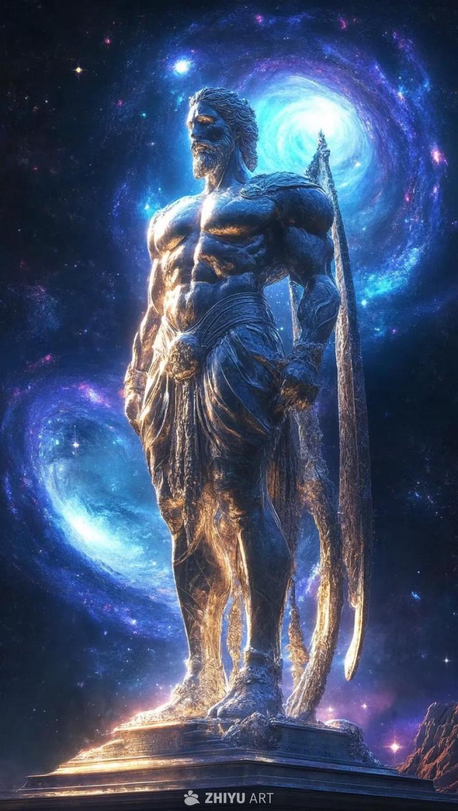 一座宏伟的雕像屹立在发光的宇宙背景中。雕像设计复杂