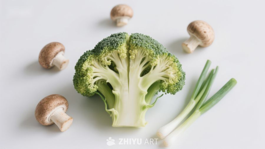 新鲜蔬菜组合：西兰花、蘑菇与葱