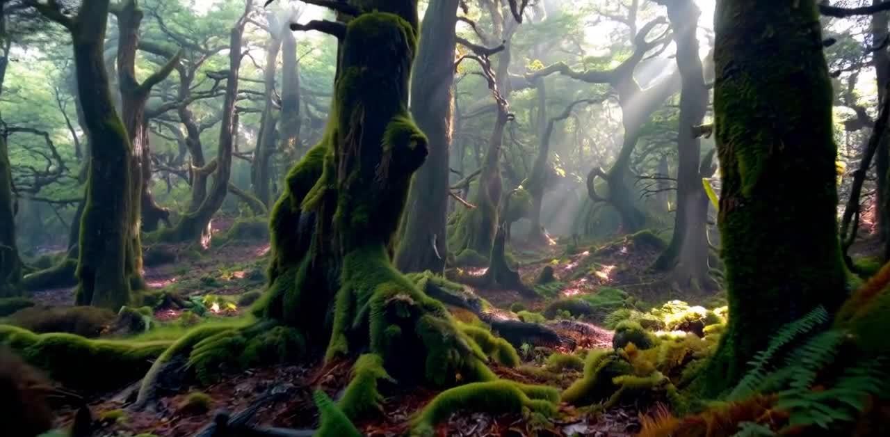 原始森林覆盖大片区域，苔藓、蕨草和藤萝枝蔓遍布。 