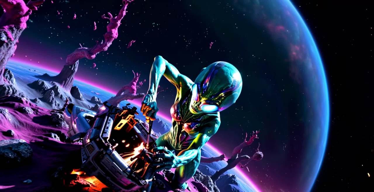 外星人在紫色星球修理飞船
