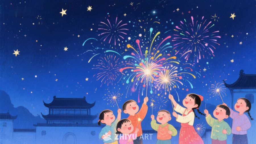 夜空下的烟花与欢庆儿童 1204
