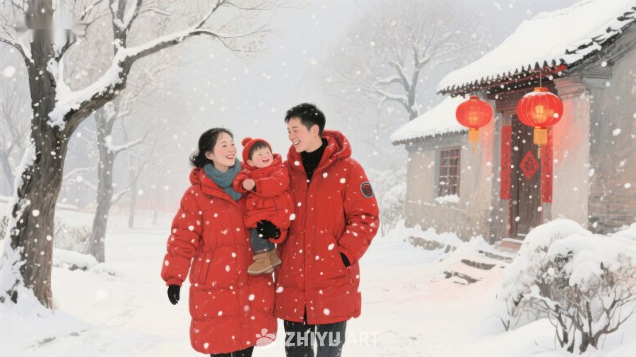 雪中一家三口温馨漫步 1163