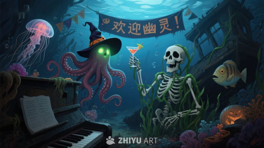海底万圣节派对：骷髅与章鱼的狂欢