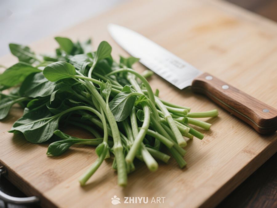 新鲜绿叶蔬菜与刀具置于砧板上 479