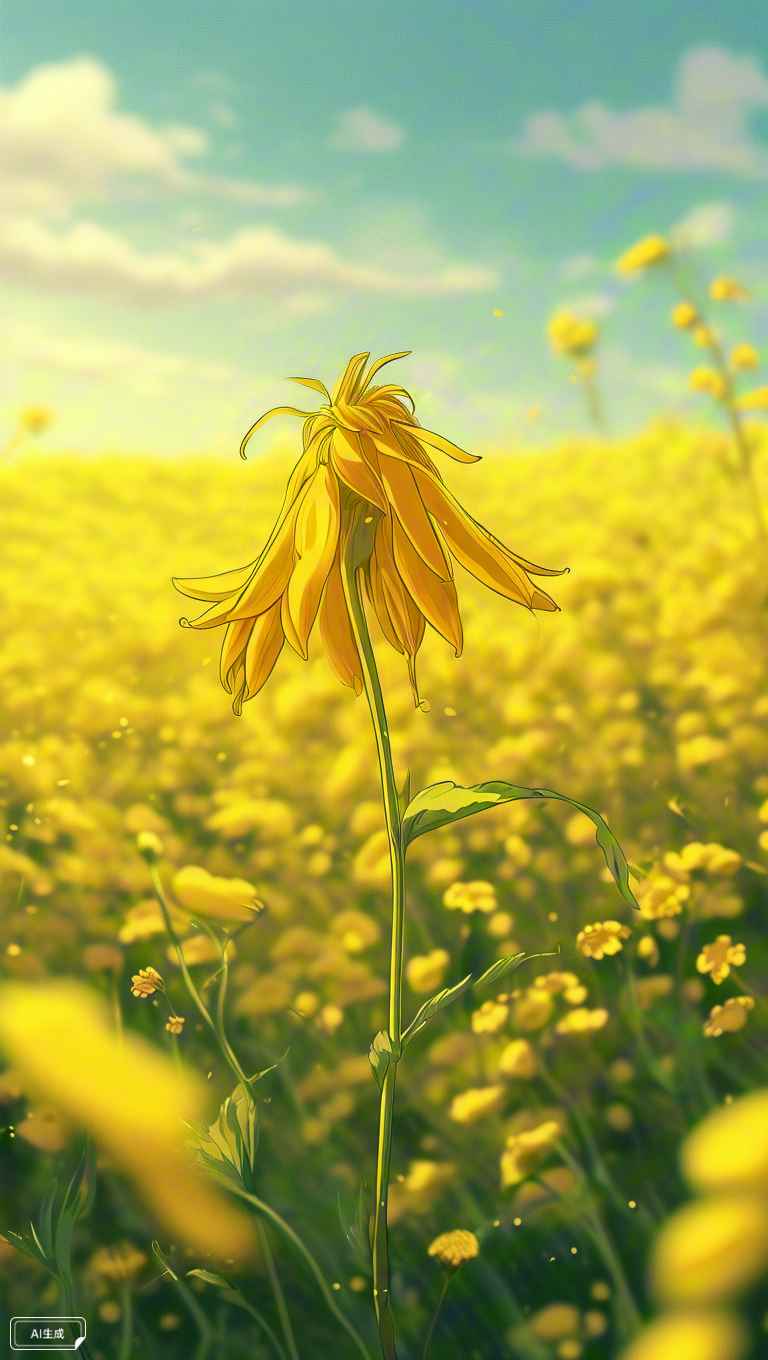一朵金黄的油菜花，在一望无际的花田中格外耀眼 2