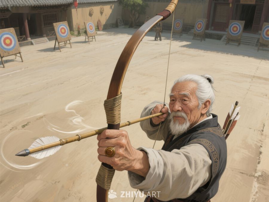 老者专注射箭，背景靶场清晰 629