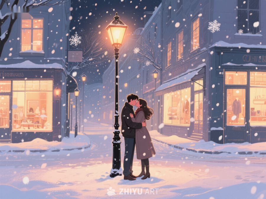雪夜街灯下的情侣 880