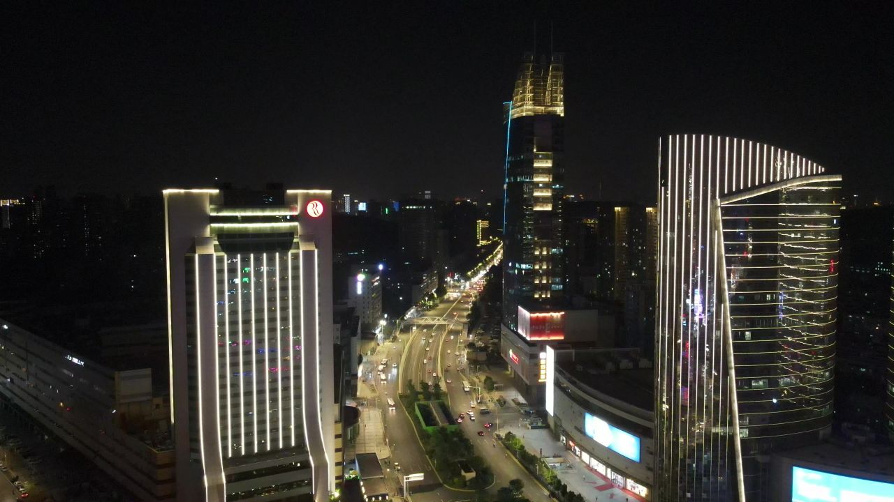 湖北武汉光谷广场夜景交通转盘航拍