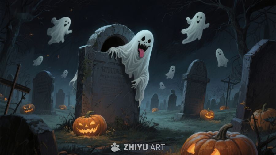 墓地幽灵与南瓜灯的万圣夜
