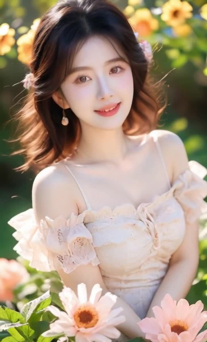 一位年轻女性身穿浅色吊带连衣裙，连衣裙带有蕾丝花边