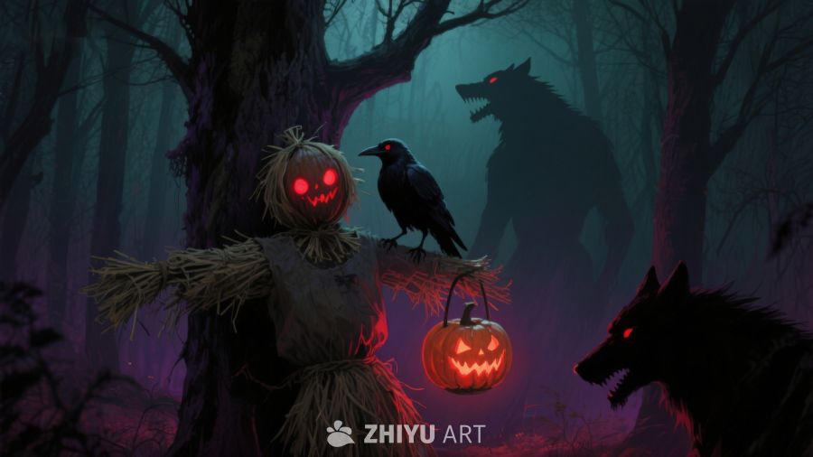 幽暗森林中的南瓜灯与狼人