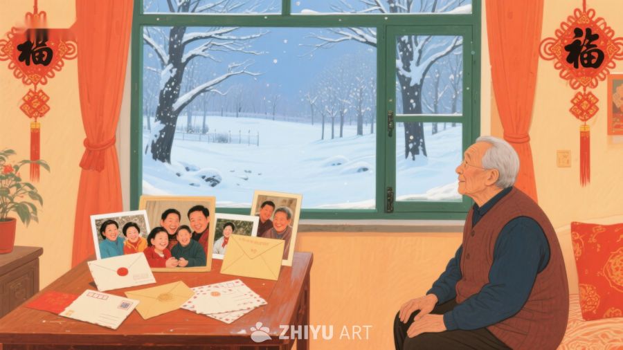 老人窗前看雪景，桌上摆放全家福 614