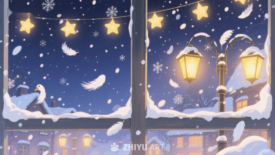 冬夜窗外雪景与温暖街灯 36
