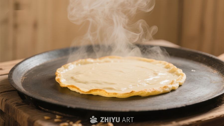 热气腾腾的薄饼在煎盘上