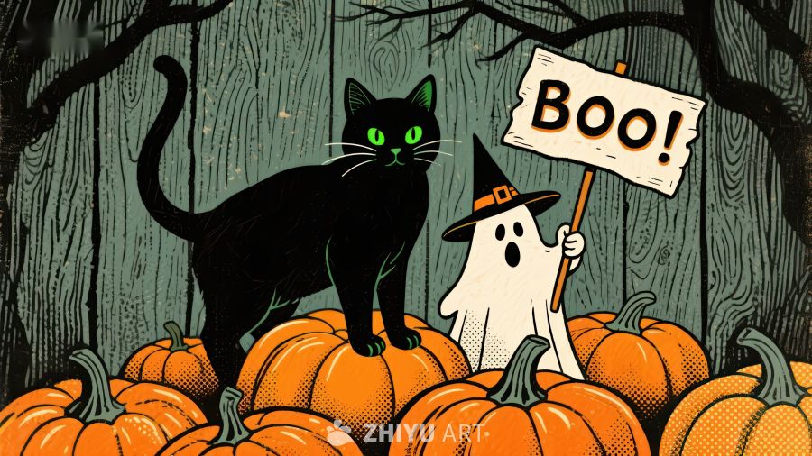 黑猫与小鬼在南瓜堆上举‘BOO’牌