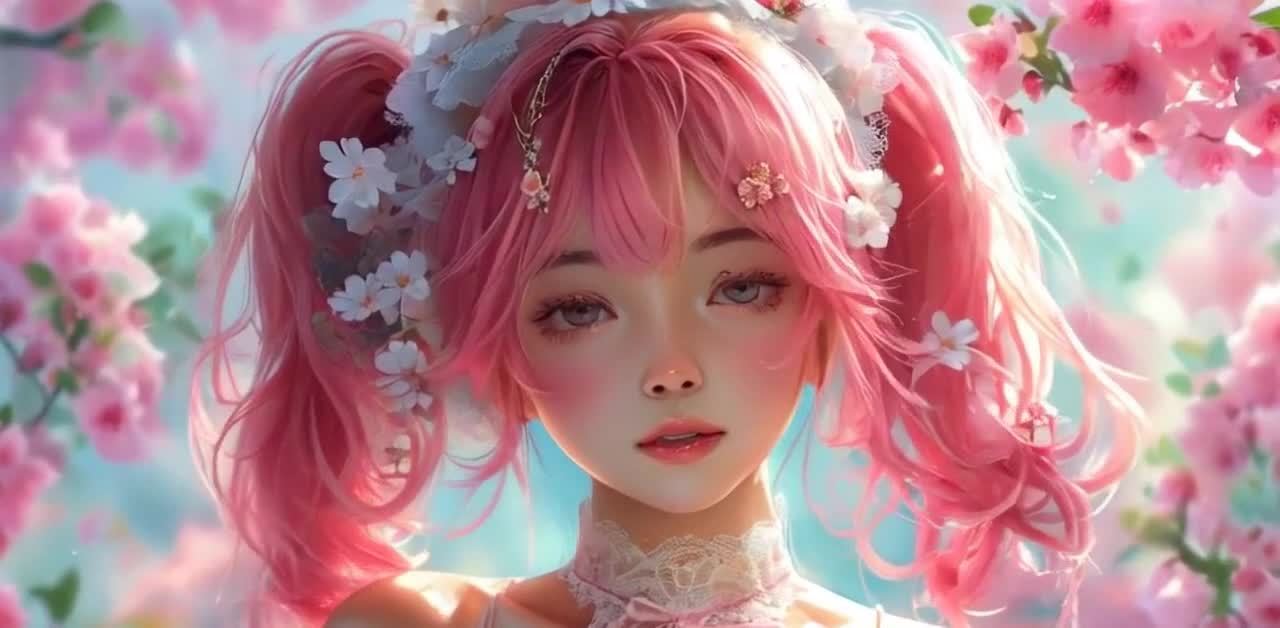 粉发少女花环装饰，樱花背景，微笑蕾丝衣。