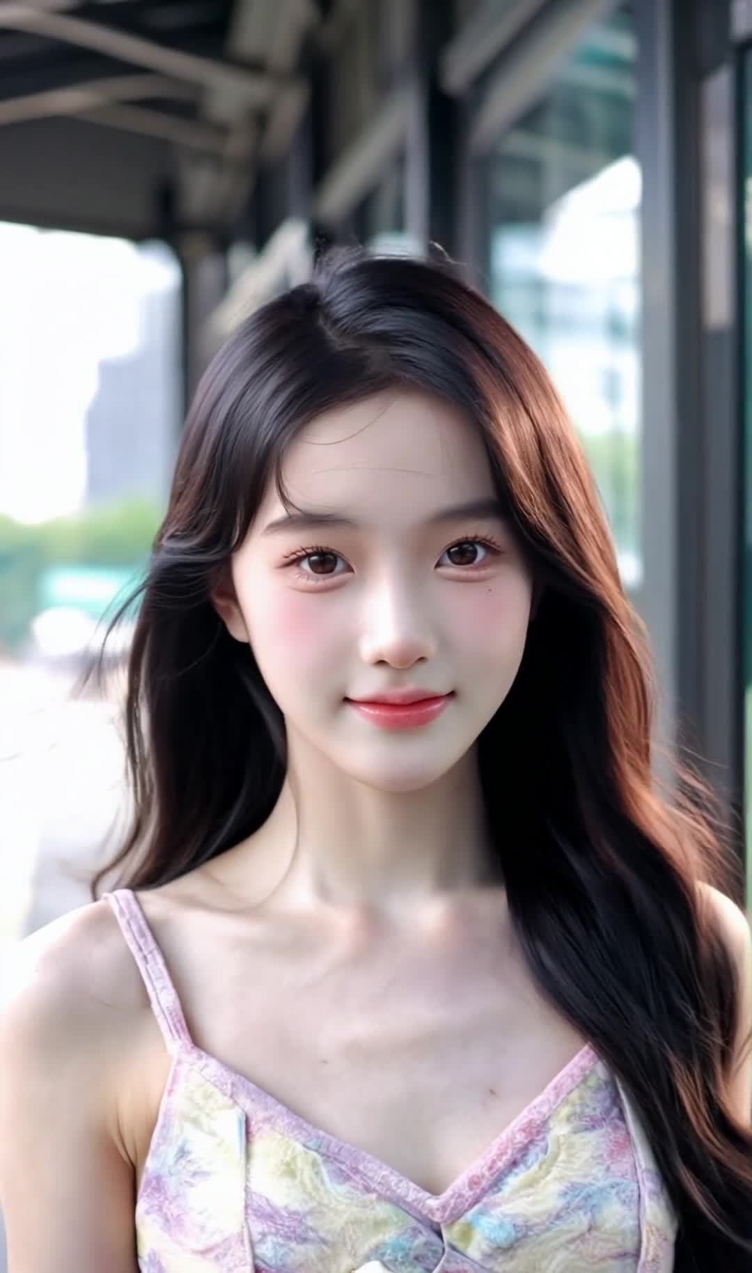 一位二十多岁的中国年轻女性站在公交车站。她留着黑色