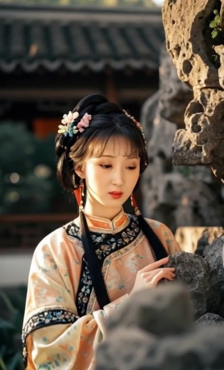石旁忧郁的汉服少女：花钿与红耳环的特写