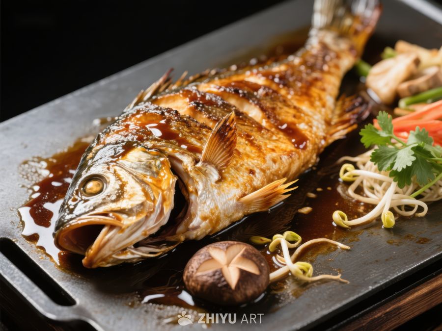 烤鱼配蔬菜，美味日式料理