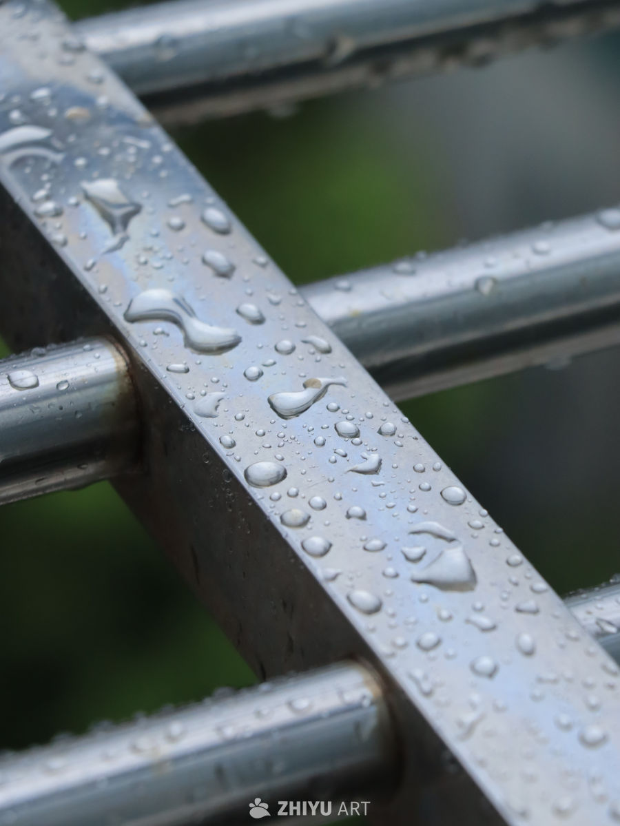 雨后挂满雨珠的铁架子