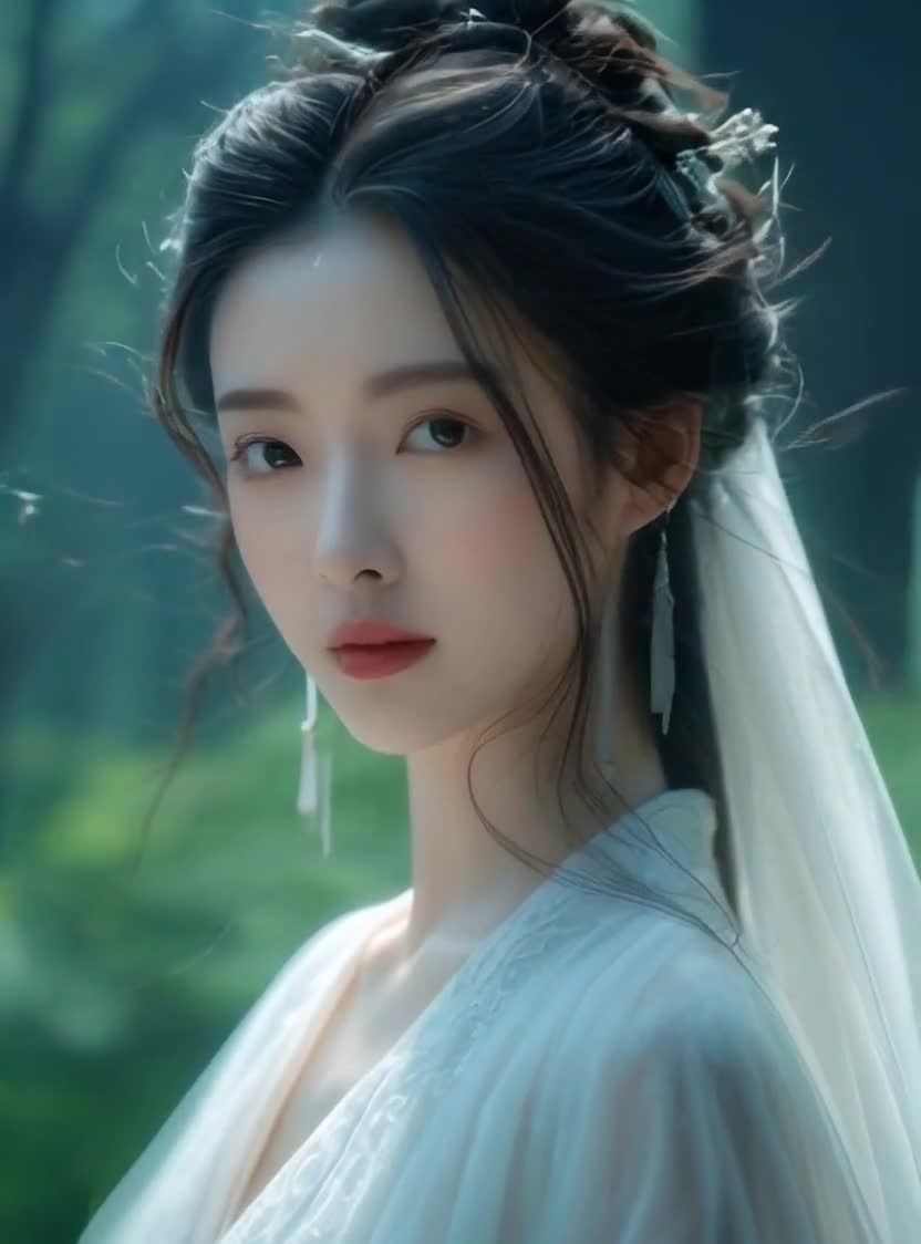 林中仙子，白衣胜雪，眼神清澈，发饰精致。