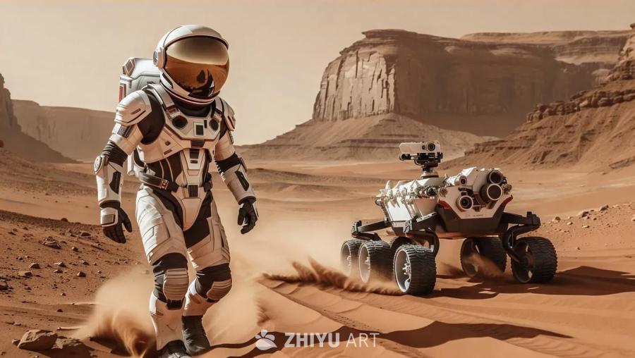 身着高科技漫游者套装的未来宇航员在火星的红色沙地上