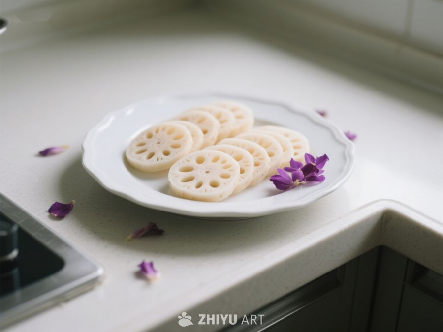 莲藕片摆盘，点缀紫色花瓣 224